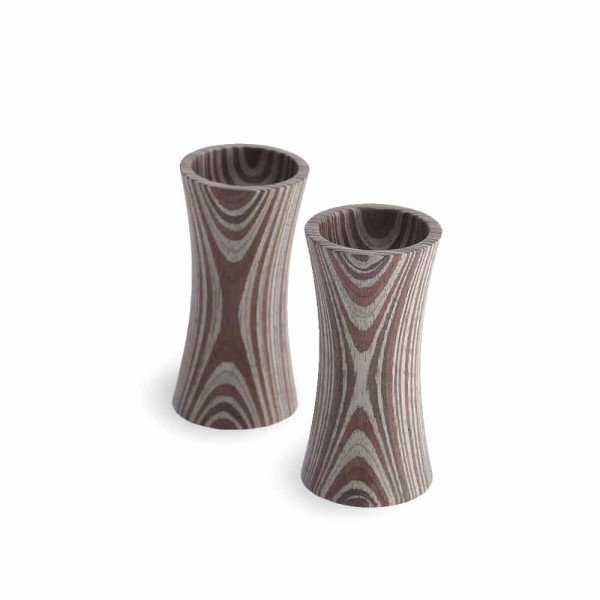 Modern egg cups made of multicolored laminated wood in a set of 2 pieces