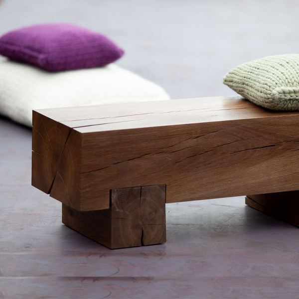 Solid oak bench with hand knit merino wool cushion