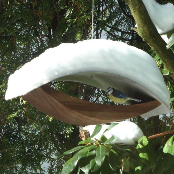 Modernes Vogelhaus zum Aufhängen mit Vogel und Schnee