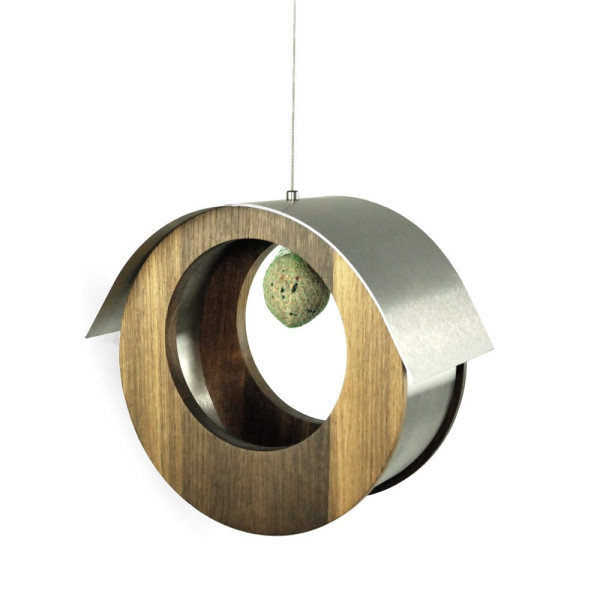 Round designer bird feeder in oak smoked with stainless steel roof hanging