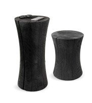 Schwarzer runder Tisch mit schwarzem rundem Sitzhocker aus massivem Holz yakisugi
