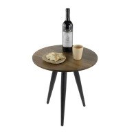 Round side stool tripod of smoked oak decorated with wine bottle, wooden cup and nibbles