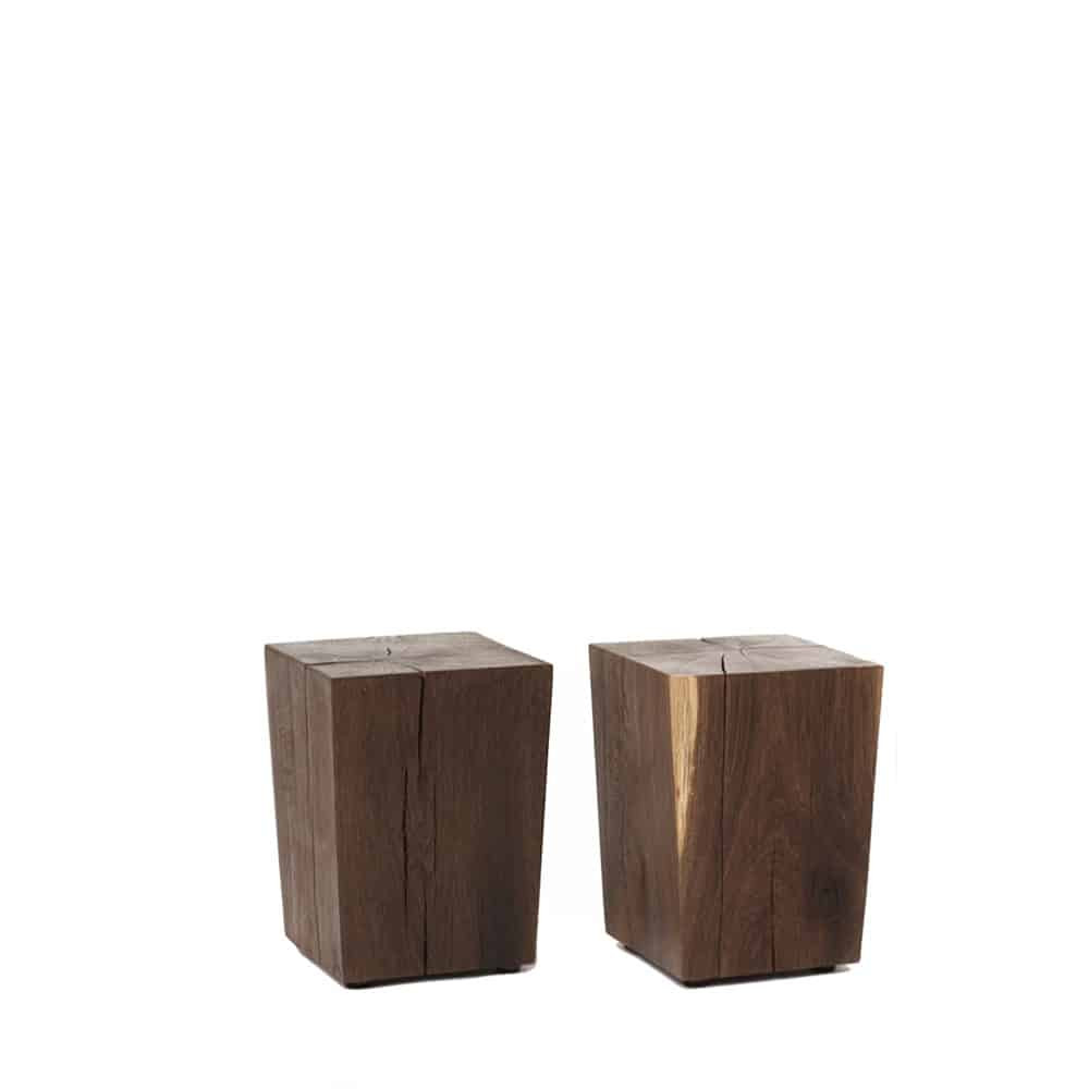2 wooden stools Klotzki 20 in oak smoked oiled in different grains