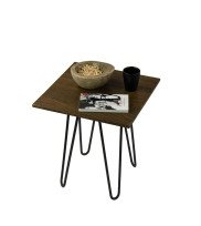 Square side table with hairpin legs in oak smoked finish decorated with glasses, book, tumbler and nibbles