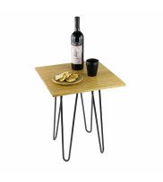 Square stool with hairpin table legs in natural oiled finish decorated as a tray with wine bottle and nibbles