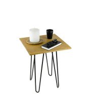 Square stool with hairpin table legs in natural oiled finish decorated as a tray or bedside table