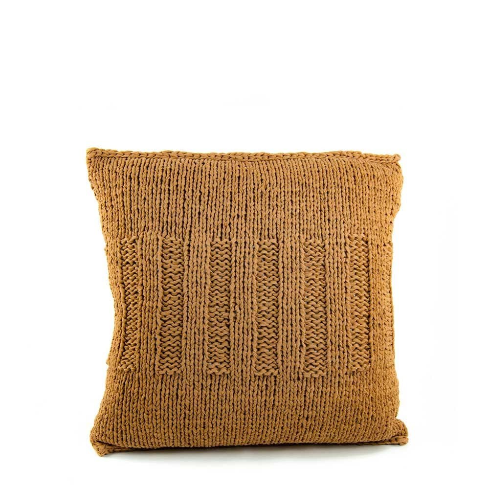 Knitted cushion in 50 x 50 cm with ribbed part in the middle from recycling yarn in color caramel