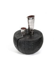 Black side table Tabola 40 made of solid Douglas fir in yakisugi decorated with carafe and drinking glass