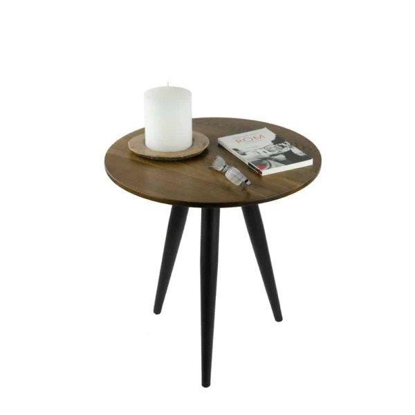 Round side table supported by 3 metal legs in oak smoked finish decorated with candle