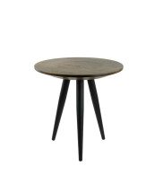Round side table supported by 3 metal legs in oak smoked finish