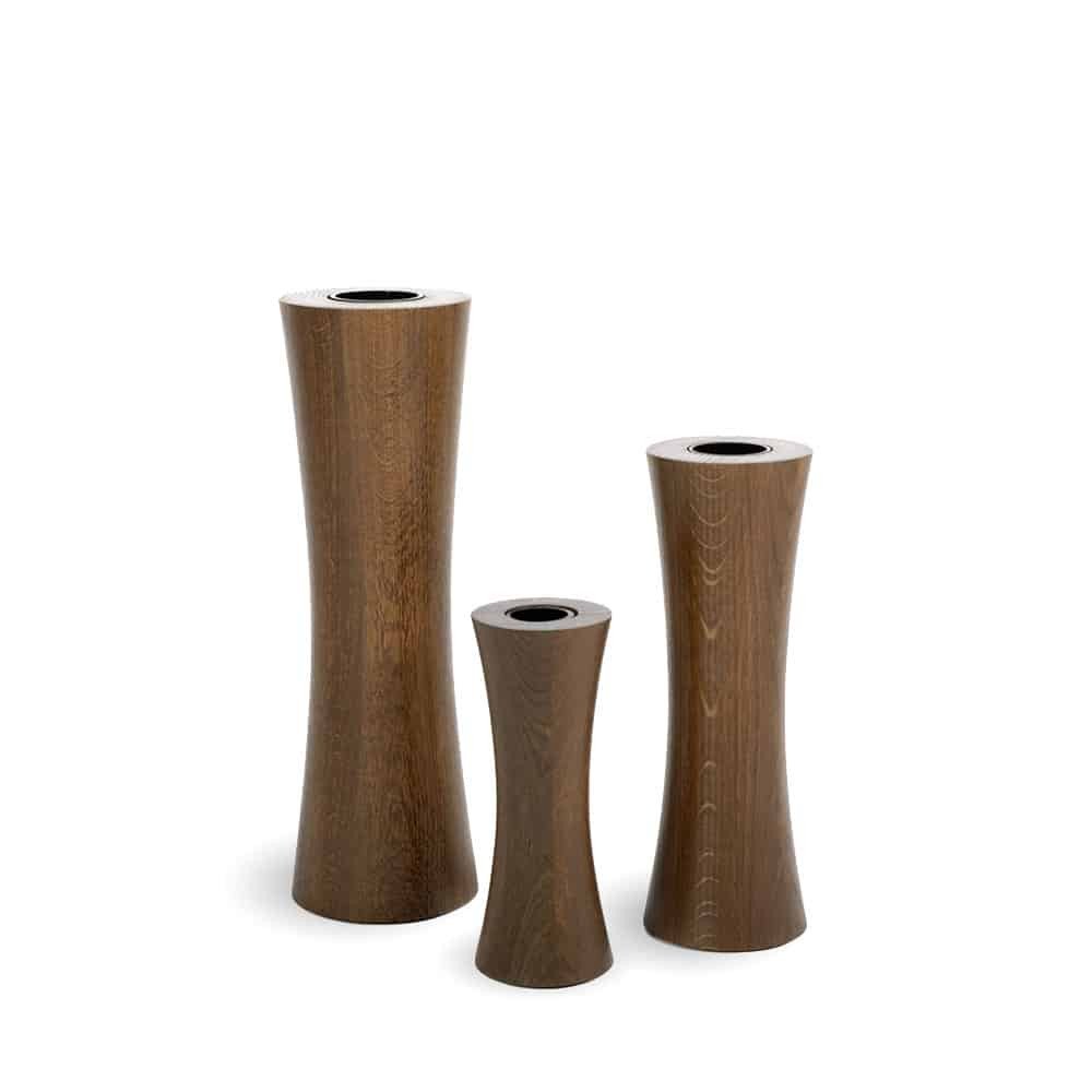 Holzvasen Taille im Vasen Set mit 3 Größen aus Eiche geräuchert mit Glaseinsatz