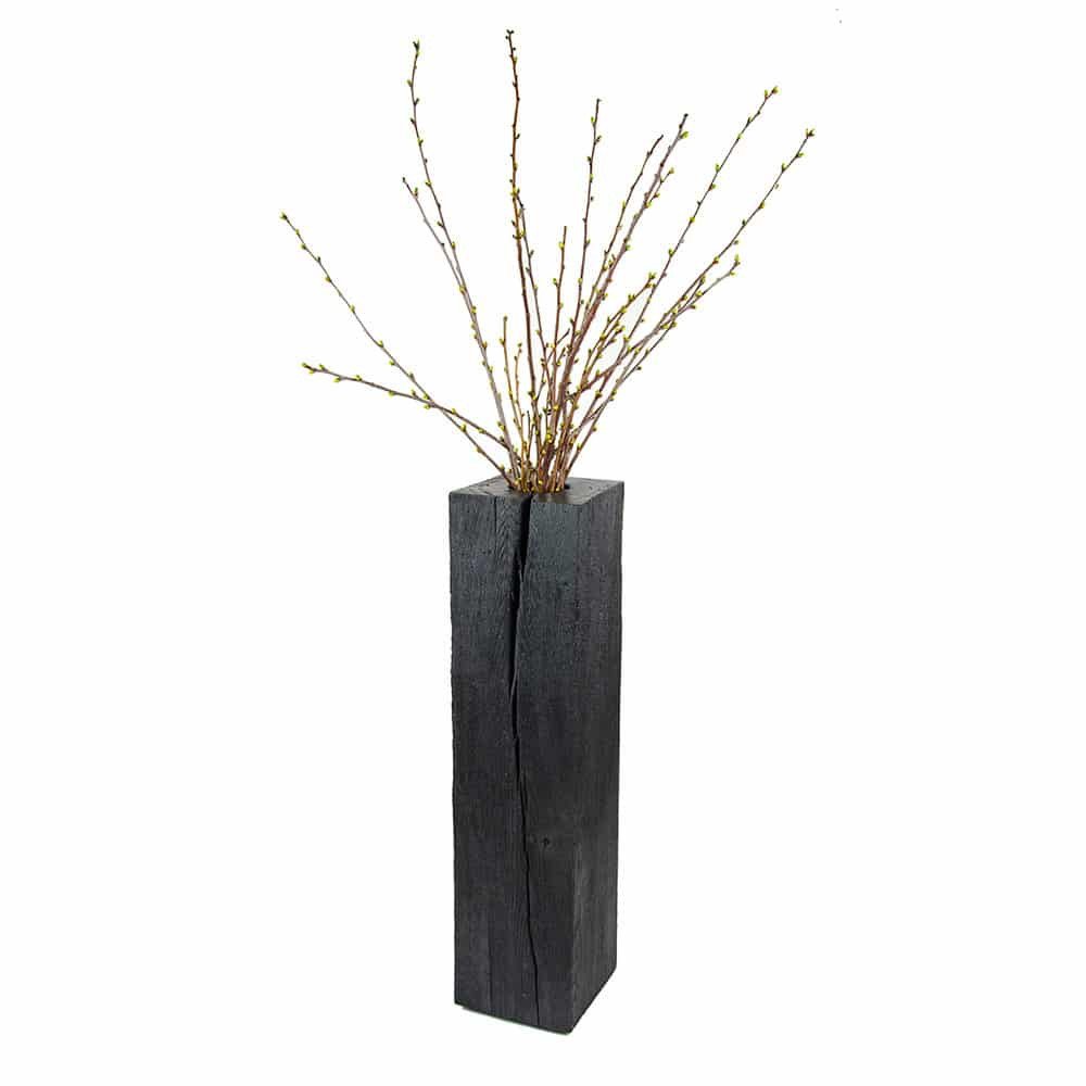 Black floor vase in oak yakisugi with willow catkins