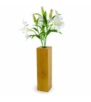 Tall floor vase COLUMN 55 in wood nature oiled finish decorated with white flowers