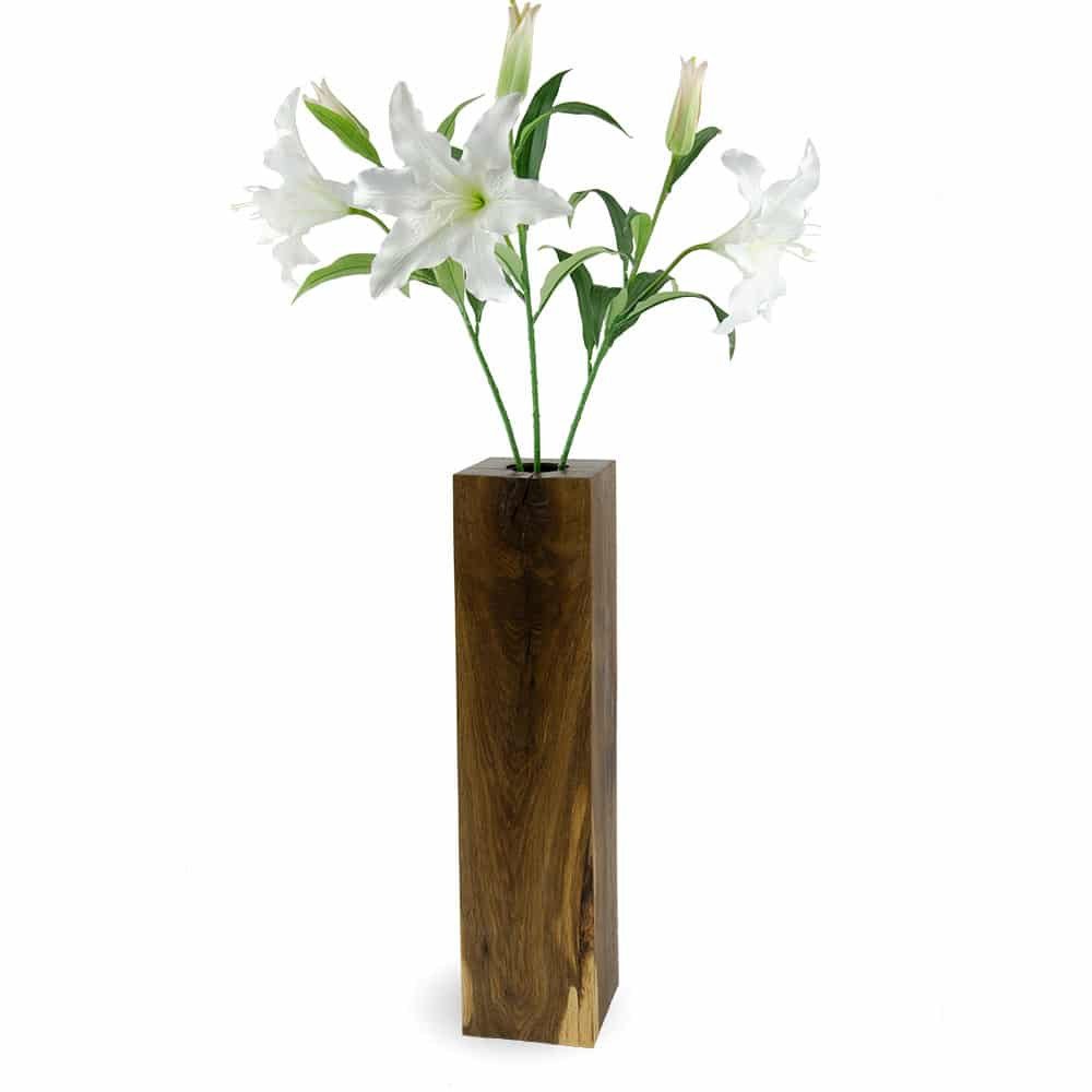 Square floor vase COLUMN 70 in smoked oak oiled finish with white flowers