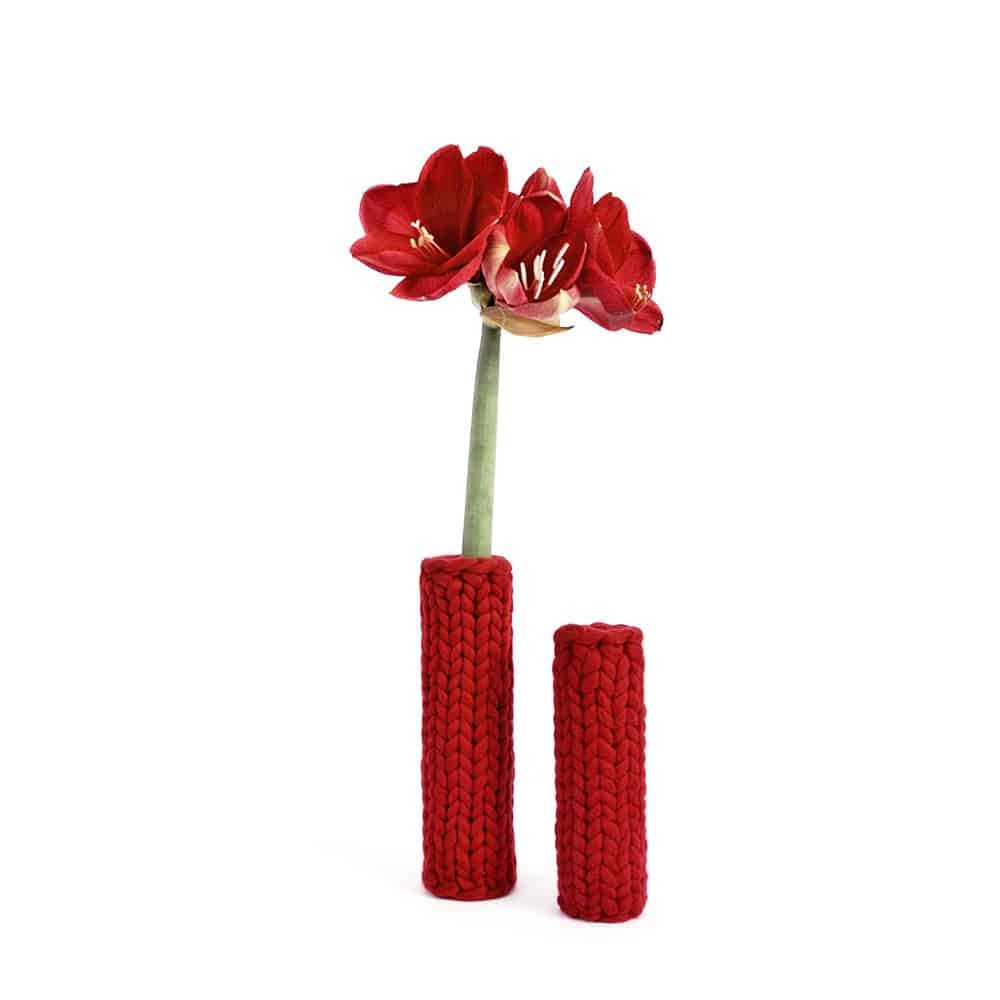 Knitted vases PIPE 2 sizes in red decorated with flower