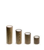 Set of 4 smoked oak tea light holders with large tea lights in 4 different sizes