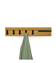 Wall rail SCALA | hook natural oiled oak with 5 metal hooks and shelf as a coat rack with green jacket