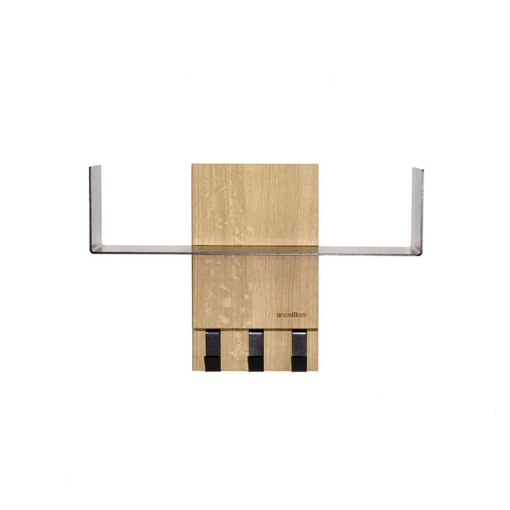 SCALA 2 floating wall shelf with wide rack and hooks in raw oak
