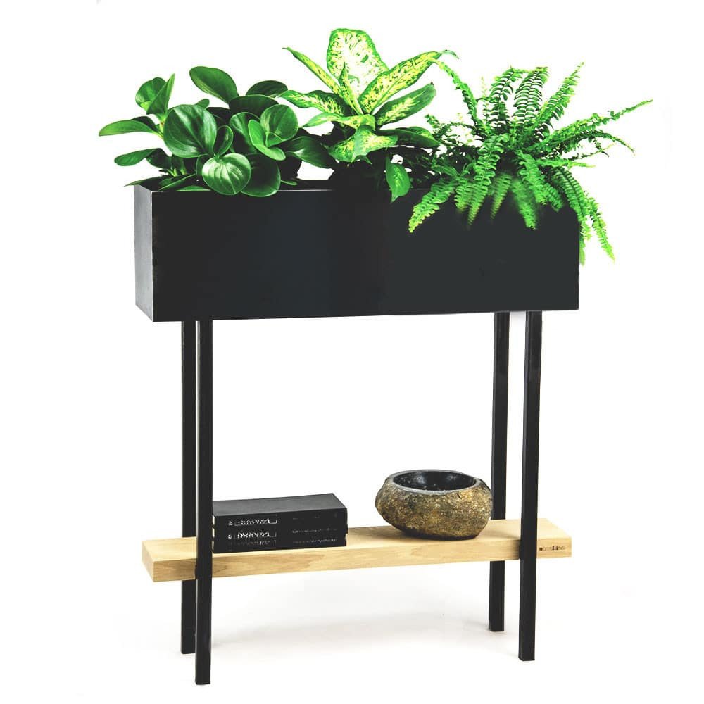 black planter box on frame powder coated steel with shelf inlay in oak raw, dekorated