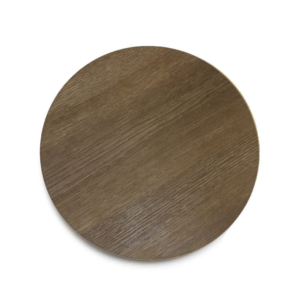 Top view of round wooden charger pad-pur of smoked oak
