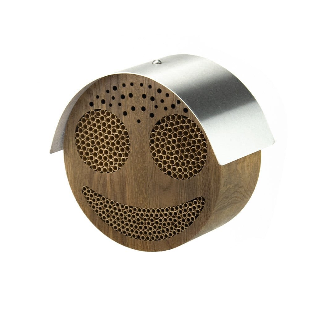 Round bee hotel CASA Smiley made of smoked oak with stainless steel roof, filled with solid paper nesting tubes, wall hanging