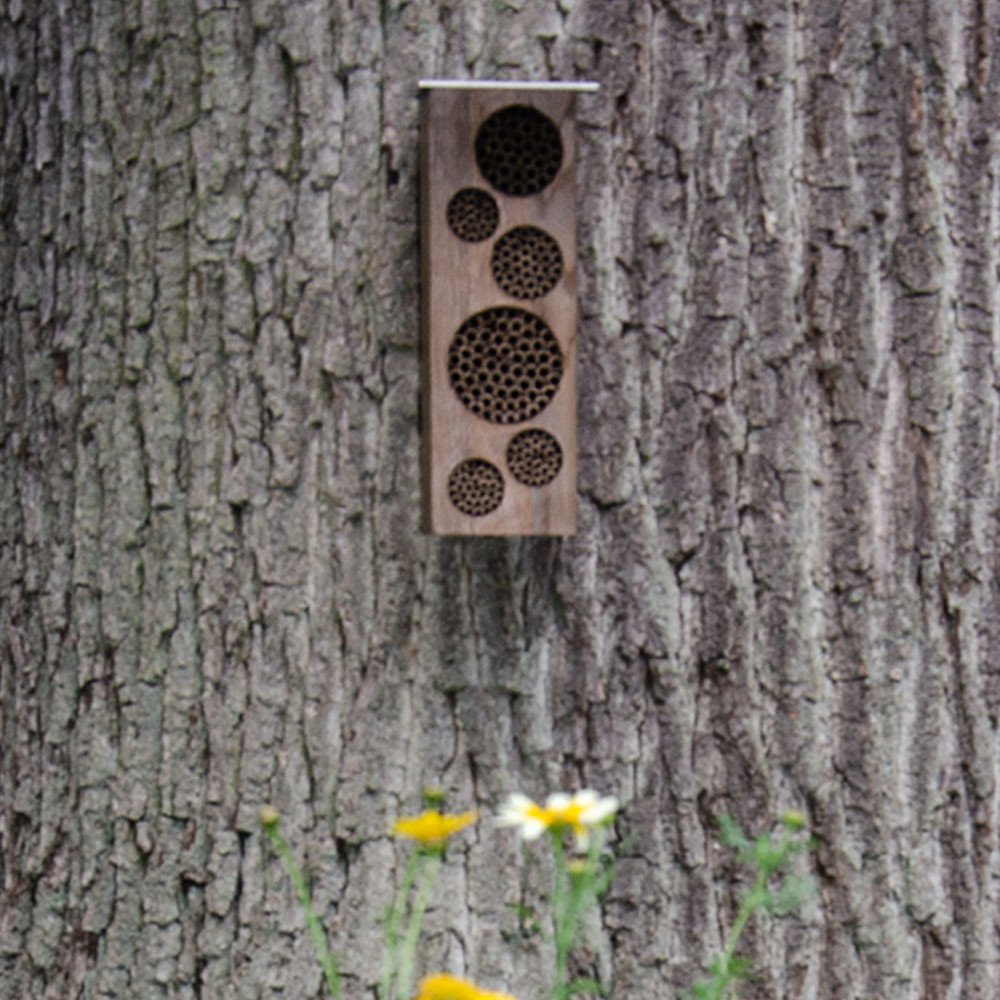 Hanging bee hotel made of smoked oak, with round cut-outs, filled with nesting tubes on a tree