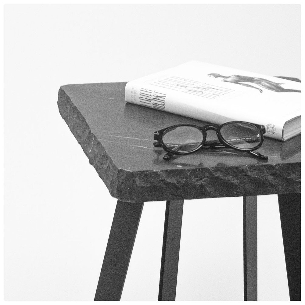 MACC stool with hand-hewn marble top and flat steel legs in nero marquina decorated