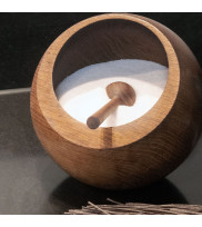 Salt barrel in the kitchen made of oak as a ball bowl in smoked with spoon and salt