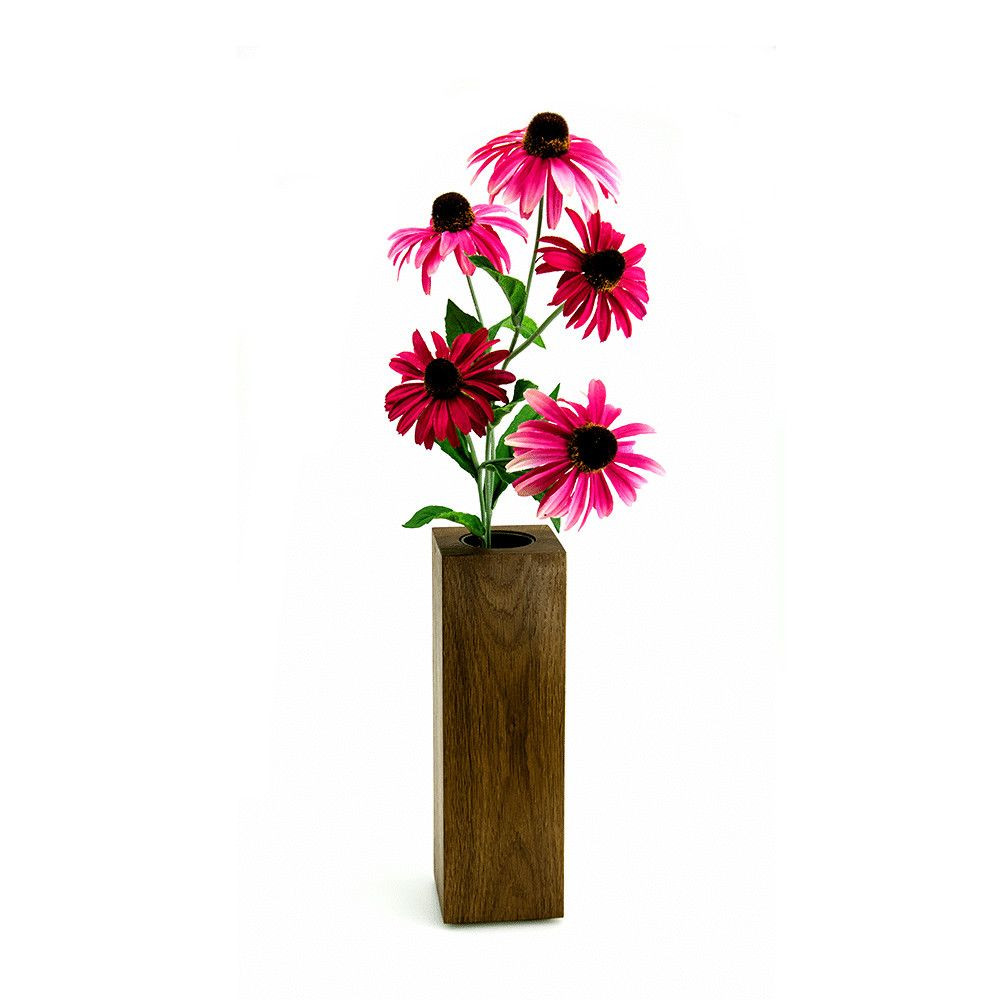Square wooden vase Column 25 smoked finish with glass insert decorated with flower in rose