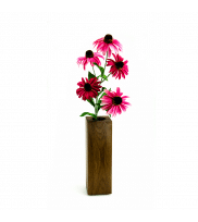 Square wooden vase Column 25 smoked finish with glass insert decorated with flower in rose